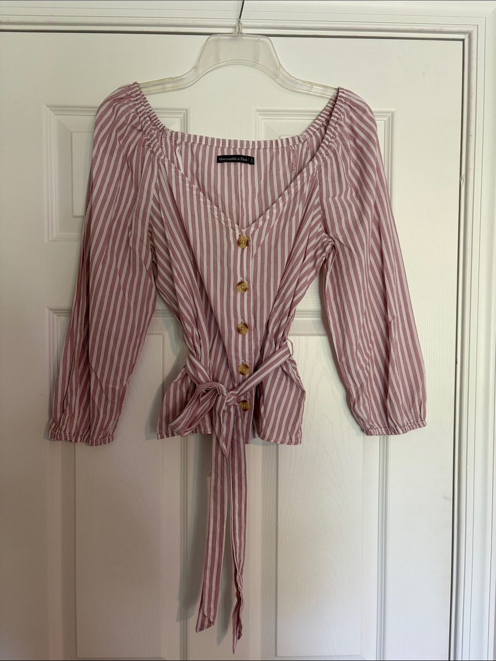 Abercrombie & Fitch Pink and White Striped Tie-Waist Button Blouse